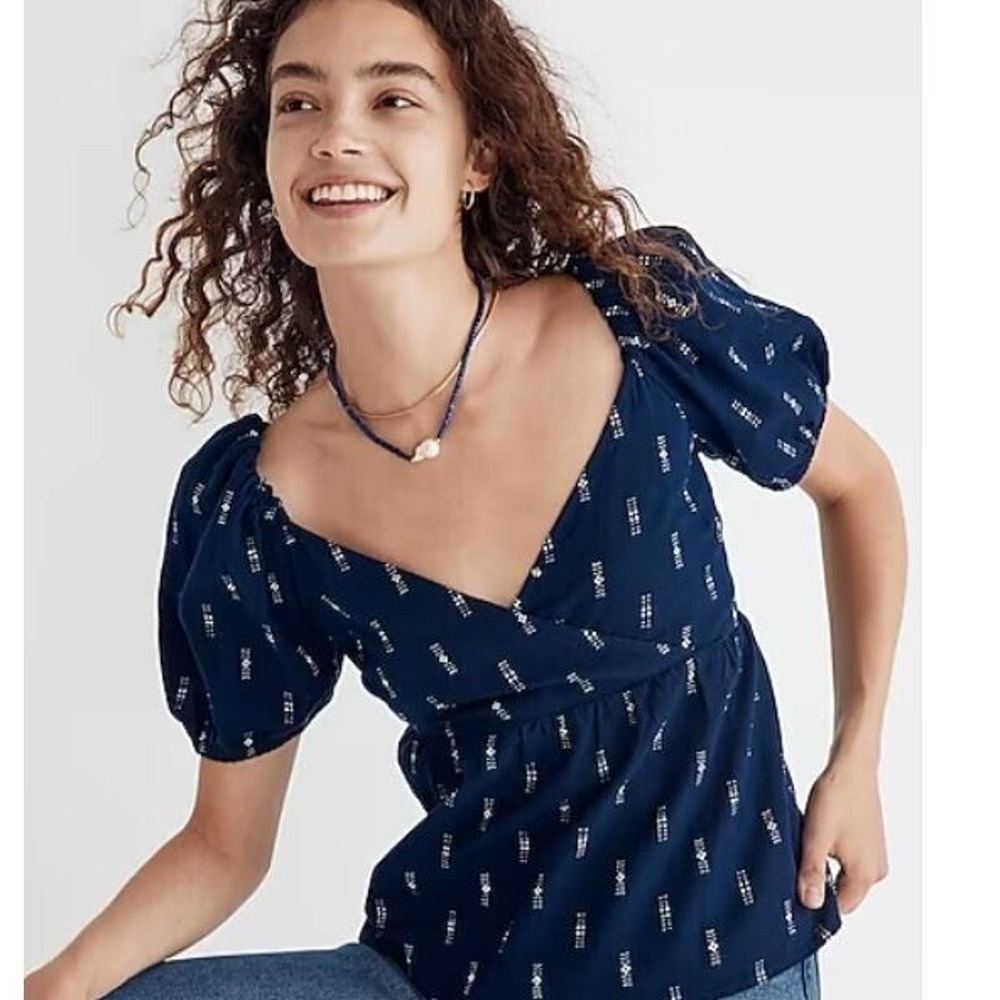Madewell Jacquard Puff Sleeve Empire Top Size Small Navy Blue V-Neck